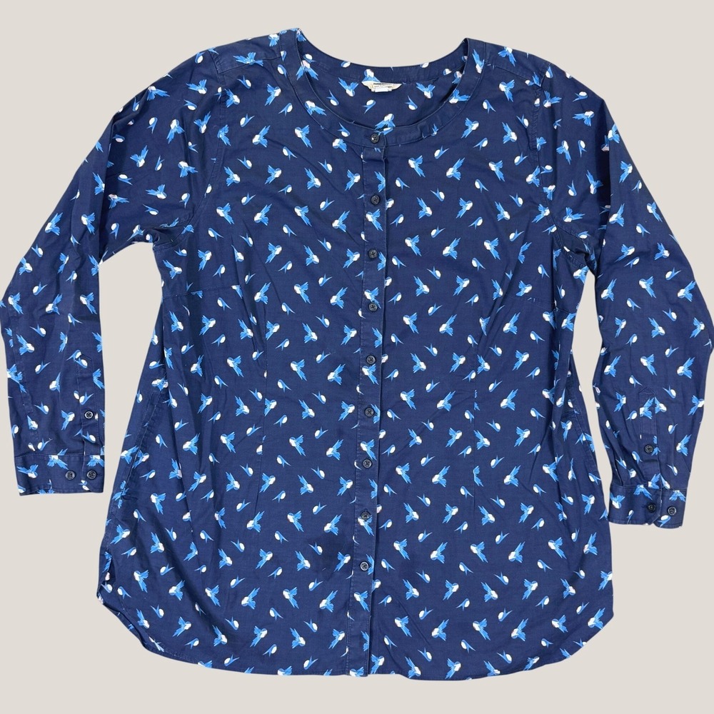 Duluth Trading Tunic Women XXL Navy Blue Bird Print Cotton Stretch Casual Top